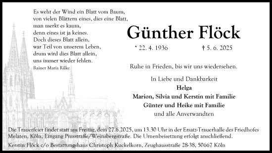 Anzeige von Günther Flöck von Kölner Stadt-Anzeiger / Kölnische Rundschau / Express