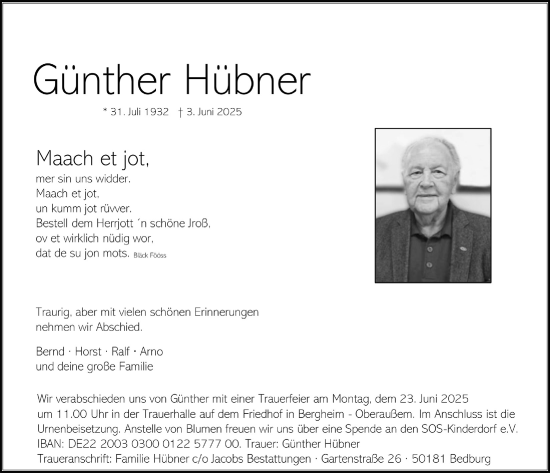 Anzeige von Günther Hübner von  Werbepost 