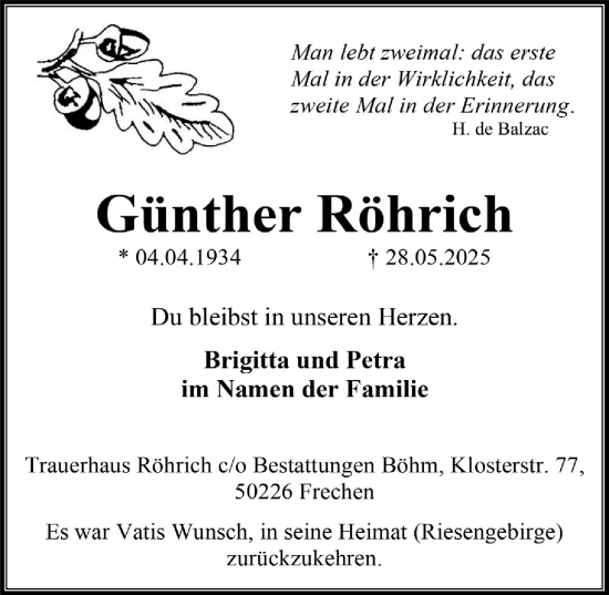 Anzeige von Günther Röhrich von  Wochenende 
