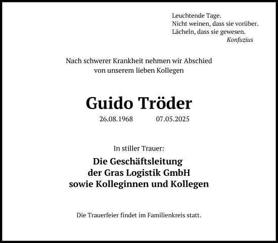 Anzeige von Guido Tröder von Kölner Stadt-Anzeiger / Kölnische Rundschau / Express