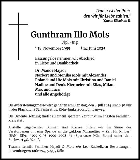 Anzeige von Gunthram Illo Mols von Kölner Stadt-Anzeiger / Kölnische Rundschau / Express
