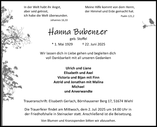 Anzeige von Hanna Bubenzer von Kölner Stadt-Anzeiger / Kölnische Rundschau / Express