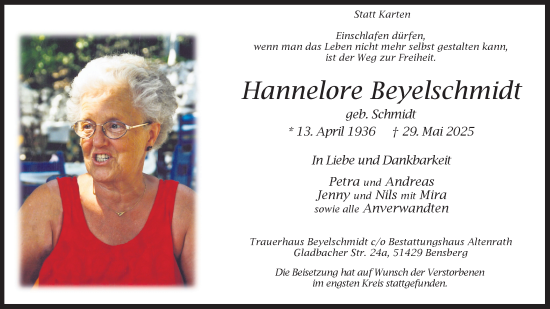 Anzeige von Hannelore Beyelschmidt von Kölner Stadt-Anzeiger / Kölnische Rundschau / Express