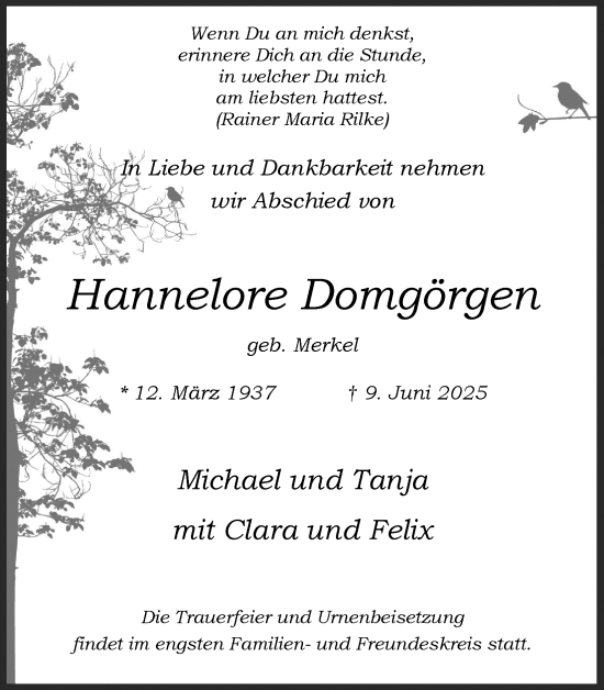 Anzeige von Hannelore Domgörgen von Kölner Stadt-Anzeiger / Kölnische Rundschau / Express