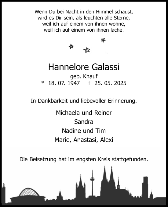 Anzeige von Hannelore Galassi von Kölner Stadt-Anzeiger / Kölnische Rundschau / Express