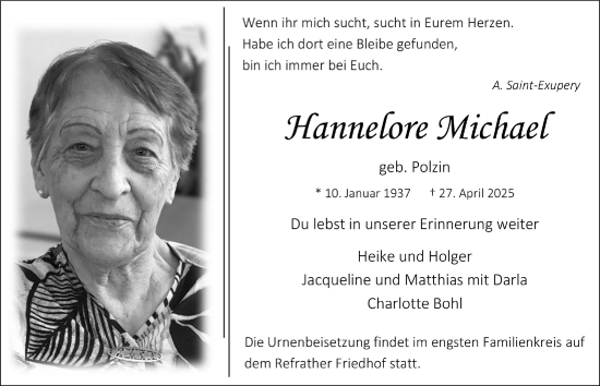 Anzeige von Hannelore Michael von  Extra Blatt 