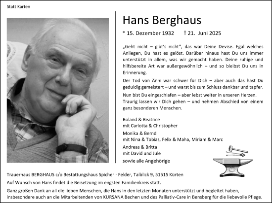 Anzeige von Hans Berghaus von Kölner Stadt-Anzeiger / Kölnische Rundschau / Express