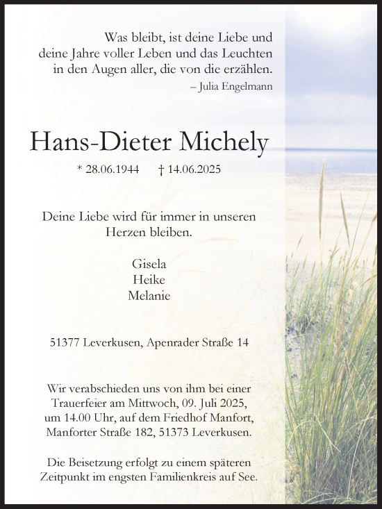 Anzeige von Hans-Dieter Michely von Kölner Stadt-Anzeiger / Kölnische Rundschau / Express