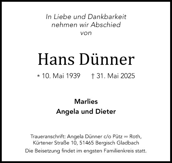 Anzeige von Hans Dünner von Kölner Stadt-Anzeiger / Kölnische Rundschau / Express