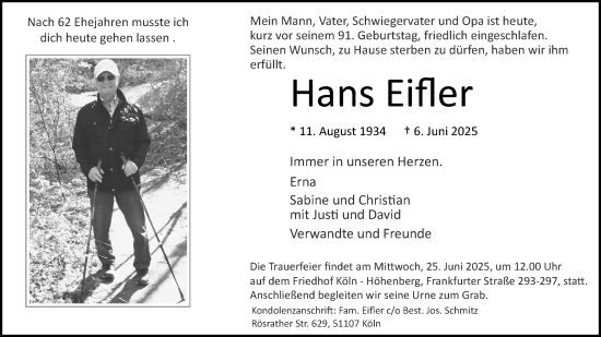Anzeige von Hans Eifler von Kölner Stadt-Anzeiger / Kölnische Rundschau / Express