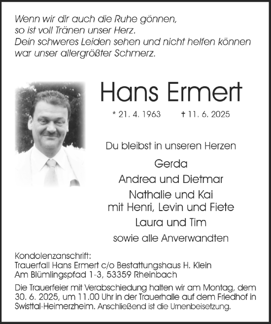 Anzeige von Hans Ermert von  Schaufenster/Blickpunkt 