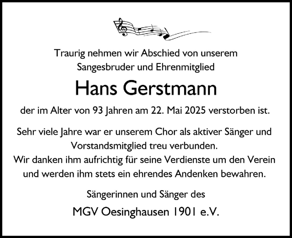  Traueranzeige für Hans Gerstmann vom 30.05.2025 aus  Anzeigen Echo 