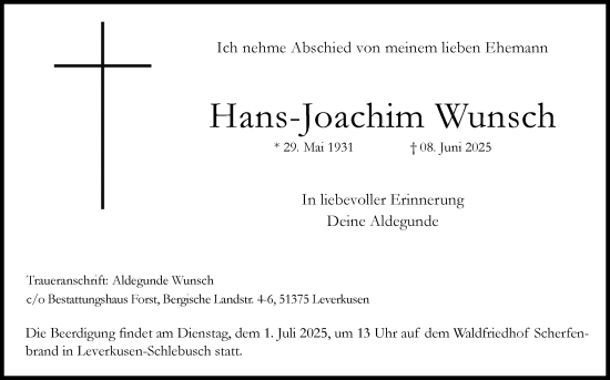 Anzeige von Hans-Joachim Wunsch von Kölner Stadt-Anzeiger / Kölnische Rundschau / Express