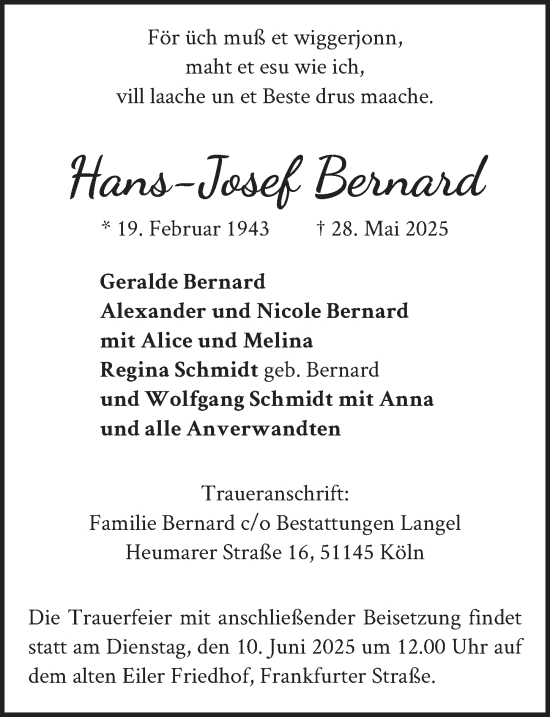 Anzeige von Hans-Josef Bernard von  EXPRESS - Die Woche 