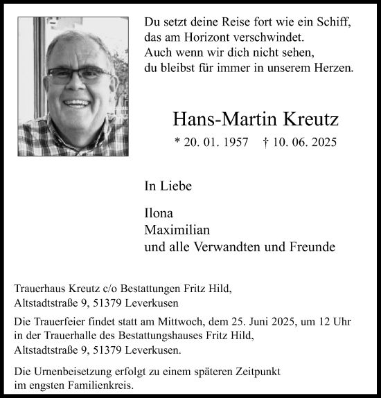 Anzeige von Hans-Martin Kreutz von Kölner Stadt-Anzeiger / Kölnische Rundschau / Express