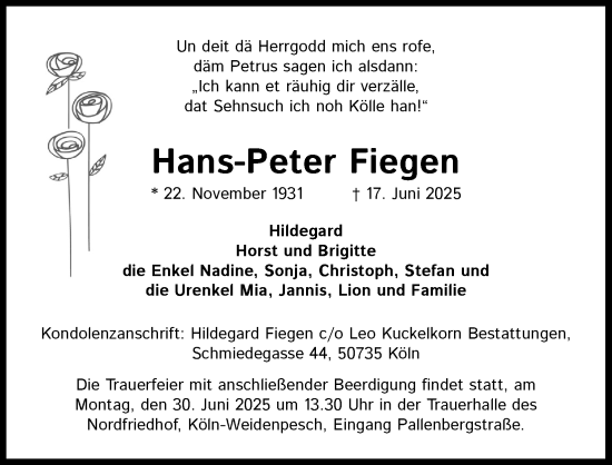 Anzeige von Hans-Peter Fiegen von Kölner Stadt-Anzeiger / Kölnische Rundschau / Express