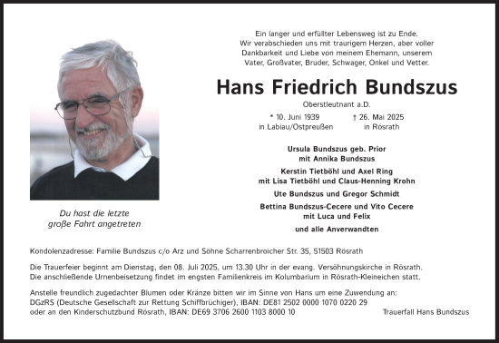 Anzeige von Hans Friedrich Bundszus von Kölner Stadt-Anzeiger / Kölnische Rundschau / Express