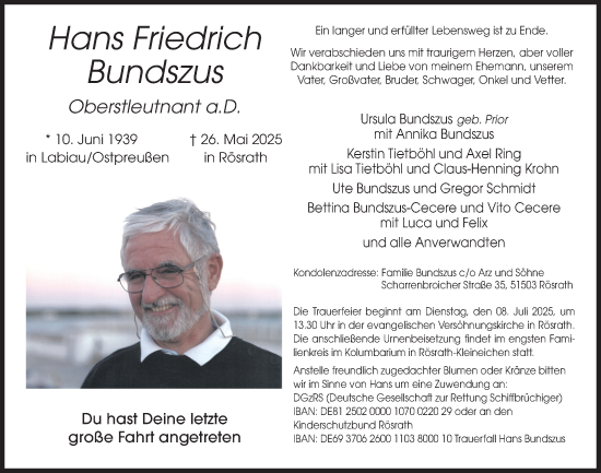 Anzeige von Hans Friedrich Bundszus von  Bergisches Handelsblatt 