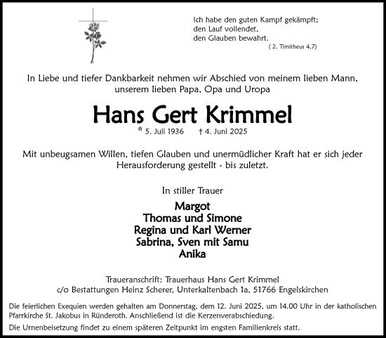Anzeige von Hans Gert Krimmel von Kölner Stadt-Anzeiger / Kölnische Rundschau / Express