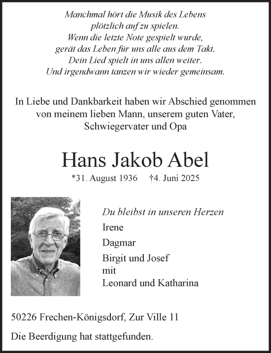 Anzeige von Hans Jakob Abel von  Wochenende 