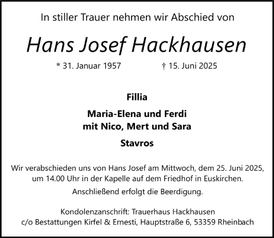 Anzeige von Hans Josef Hackhausen von  Blickpunkt Euskirchen 