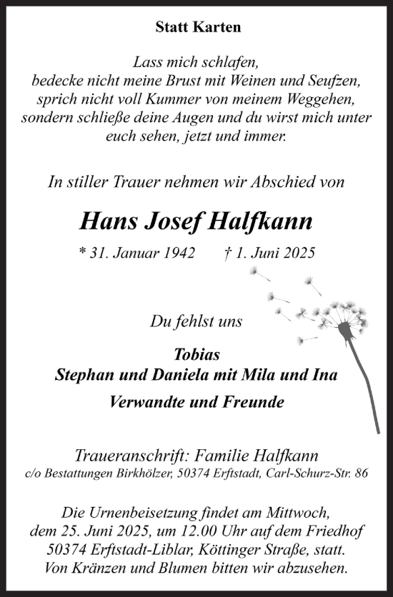 Anzeige von Hans Josef Halfkann von  Werbepost 