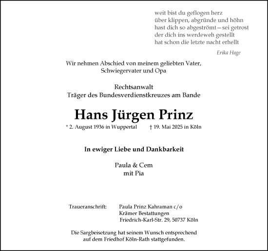 Anzeige von Hans Jürgen Prinz von Kölner Stadt-Anzeiger / Kölnische Rundschau / Express