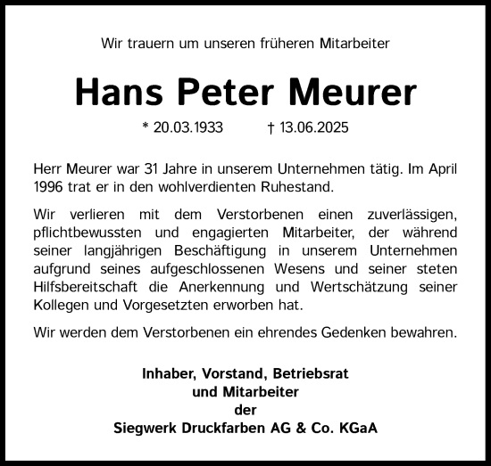 Anzeige von Hans Peter Meurer von Kölner Stadt-Anzeiger / Kölnische Rundschau / Express