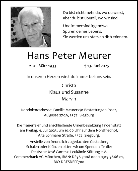 Anzeige von Hans Peter Meurer von Kölner Stadt-Anzeiger / Kölnische Rundschau / Express