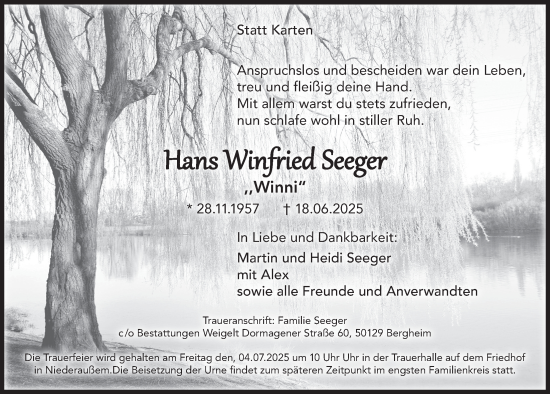 Anzeige von Hans Winfried Seeger von  Werbepost 