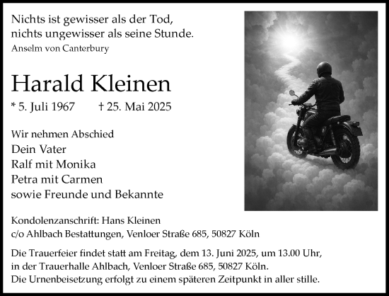 Anzeige von Harald Kleinen von Kölner Stadt-Anzeiger / Kölnische Rundschau / Express
