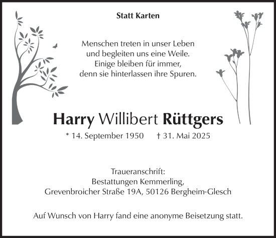 Anzeige von Harry Willibert Rüttgers von  Werbepost 