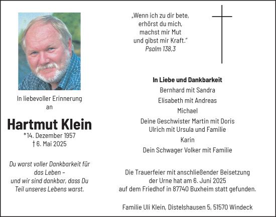 Anzeige von Hartmut Klein von  Lokalanzeiger 