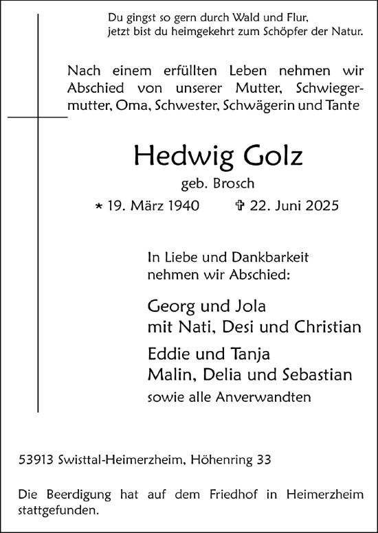 Anzeige von Hedwig Golz von  Schaufenster/Blickpunkt 