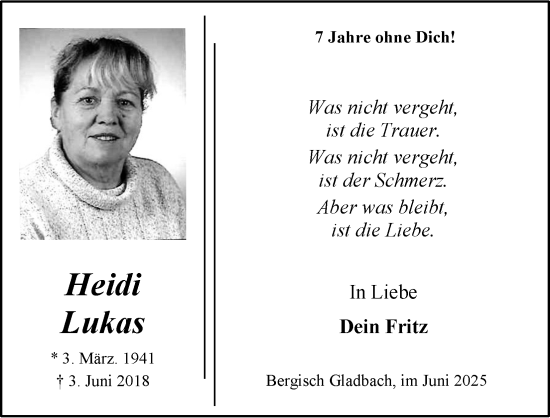 Anzeige von Heidi Lukas von Kölner Stadt-Anzeiger / Kölnische Rundschau / Express