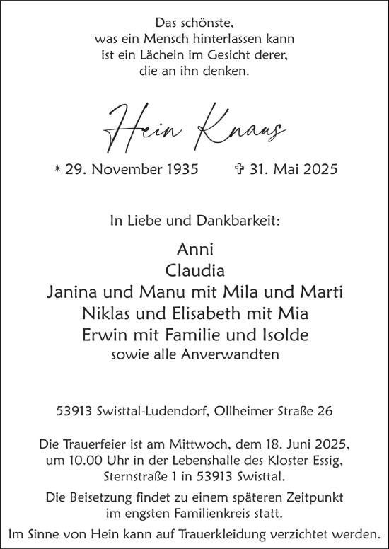 Anzeige von Hein Knaus von  Schaufenster/Blickpunkt 