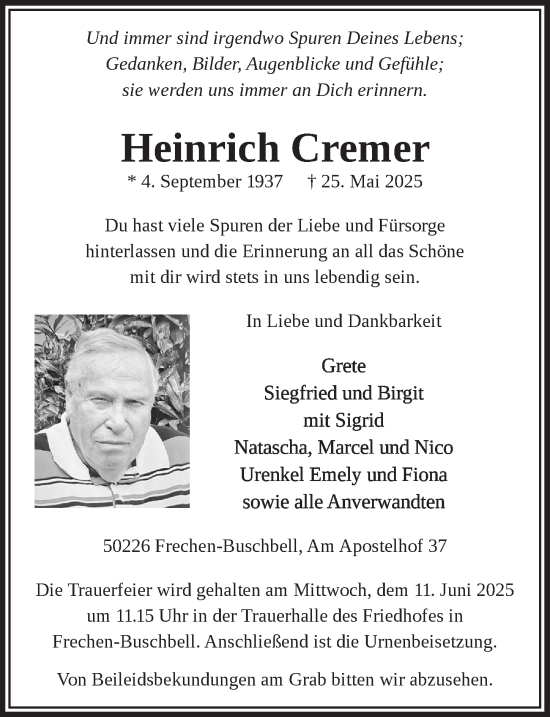 Anzeige von Heinrich Cremer von  Wochenende 
