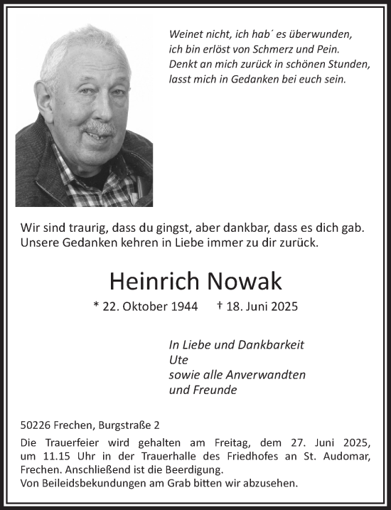 Anzeige von Heinrich Nowak von  Wochenende 