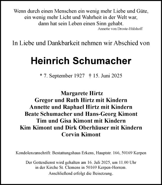 Anzeige von Heinrich Schumacher von Kölner Stadt-Anzeiger / Kölnische Rundschau / Express