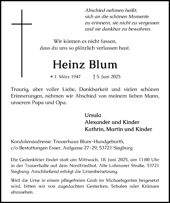 Anzeige von Heinz Blum von Kölner Stadt-Anzeiger / Kölnische Rundschau / Express