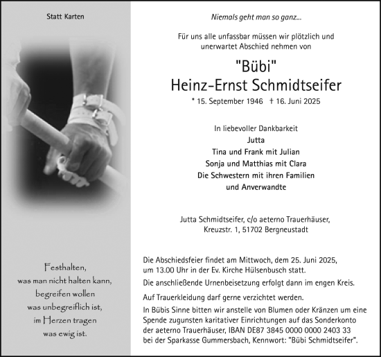 Anzeige von Heinz-Ernst Schmidtseifer von Kölner Stadt-Anzeiger / Kölnische Rundschau / Express