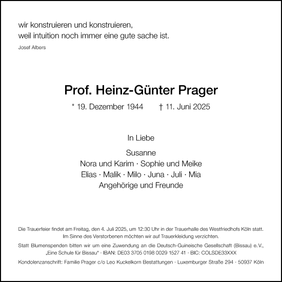 Anzeige von Heinz-Günter Prager von Kölner Stadt-Anzeiger / Kölnische Rundschau / Express