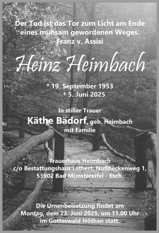 Anzeige von Heinz Heimbach von  Blickpunkt Euskirchen 