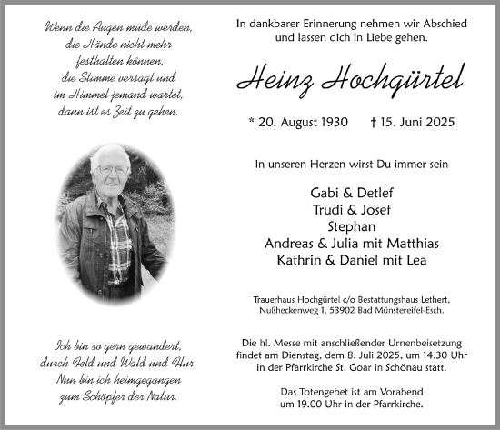 Anzeige von Heinz Hochgürtel von  Blickpunkt Euskirchen 