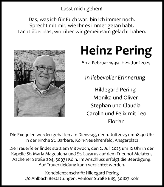 Anzeige von Heinz Pering von Kölner Stadt-Anzeiger / Kölnische Rundschau / Express