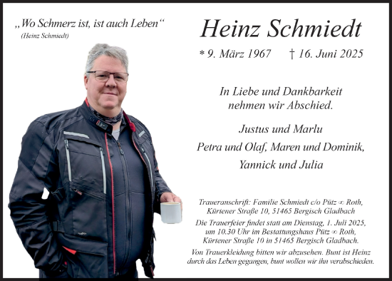 Anzeige von Heinz Schmiedt von  Bergisches Handelsblatt 