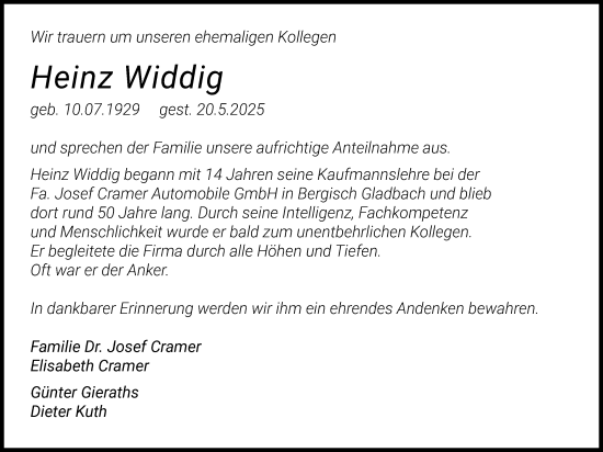 Anzeige von Heinz Widdig von Kölner Stadt-Anzeiger / Kölnische Rundschau / Express