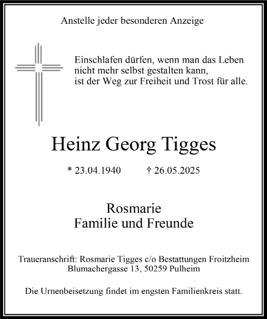 Anzeige von Heinz Georg Tigges von  Wochenende 