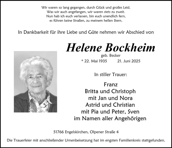 Anzeige von Helene Bockheim von  Anzeigen Echo 