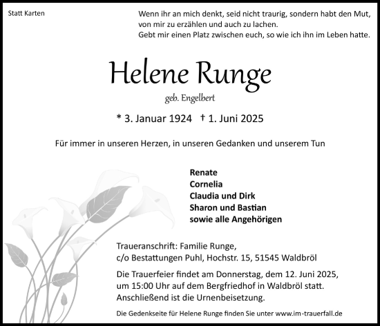 Anzeige von Helene Runge von  Lokalanzeiger 